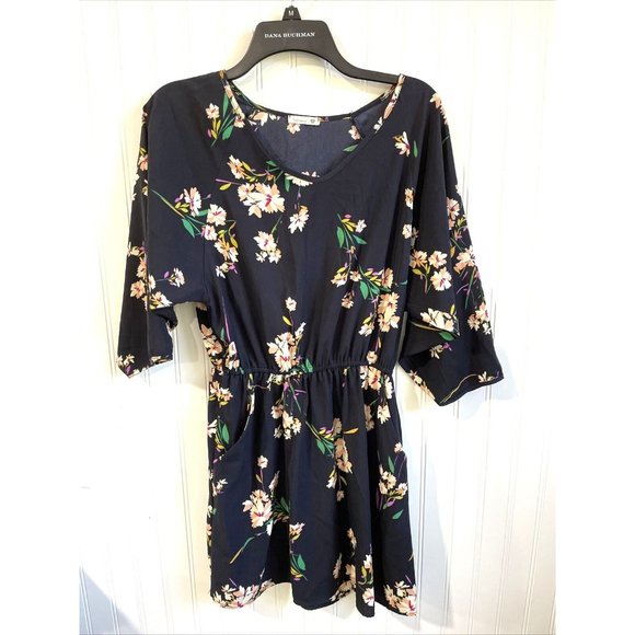 Soprano Mini Dress Womens Small Navy Floral V Neck 3/4 Sleeves Bohemian 109 - Picture 1 of 9